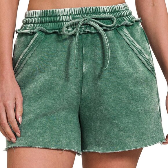 Zenana Acid Wash Fleece Drawstring Shorts with Pockets, Dark Green - Picture 3 of 3